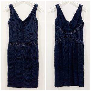 Tadashi Collection Pleated Silk Sequin Sleeveless Evening Dress Navy V-Neck 6
